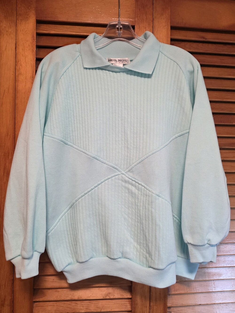Vintage 80s Nok Nok Mint Green Collared Sweatshirt M Pastel Pullover Ribbed